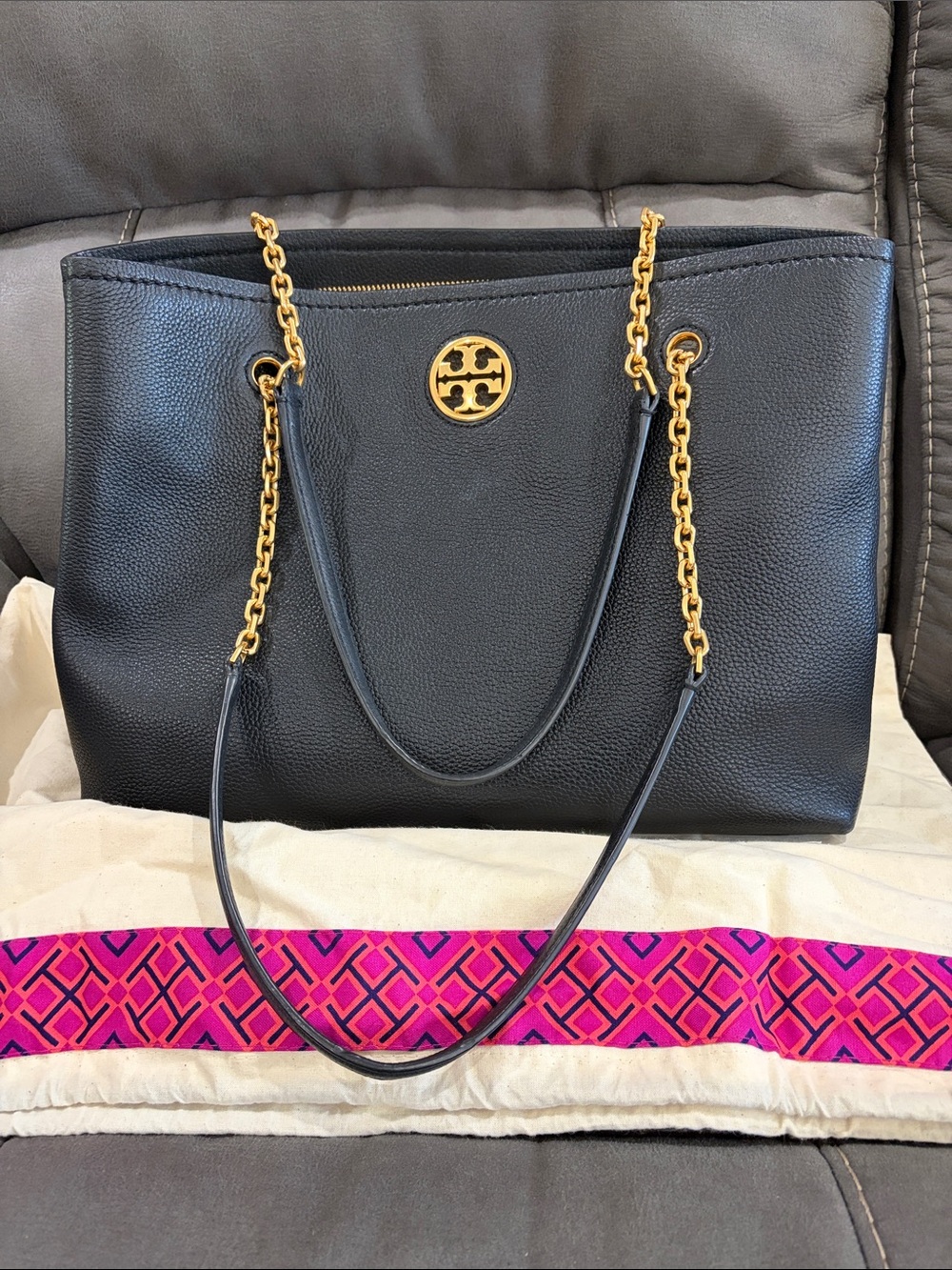 Tory Burch Black Pebbled Leather Tote with Gold Chain Handles